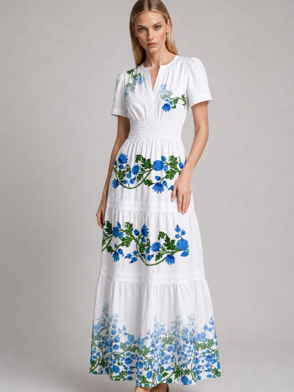 NWT Shahida Parides Blue Floral Organic Cotton Smocked Maxi Dress